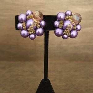 Vintage 90's Women's Purple Glittery Chunky Cluster Beaded Clip on Earrings Retr